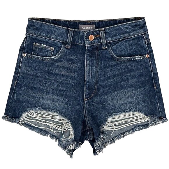DL1961 Cleo High Rise Cut-Off Distressed Denim Shorts in Solana Dark Wash Sz 24 - Picture 3 of 15